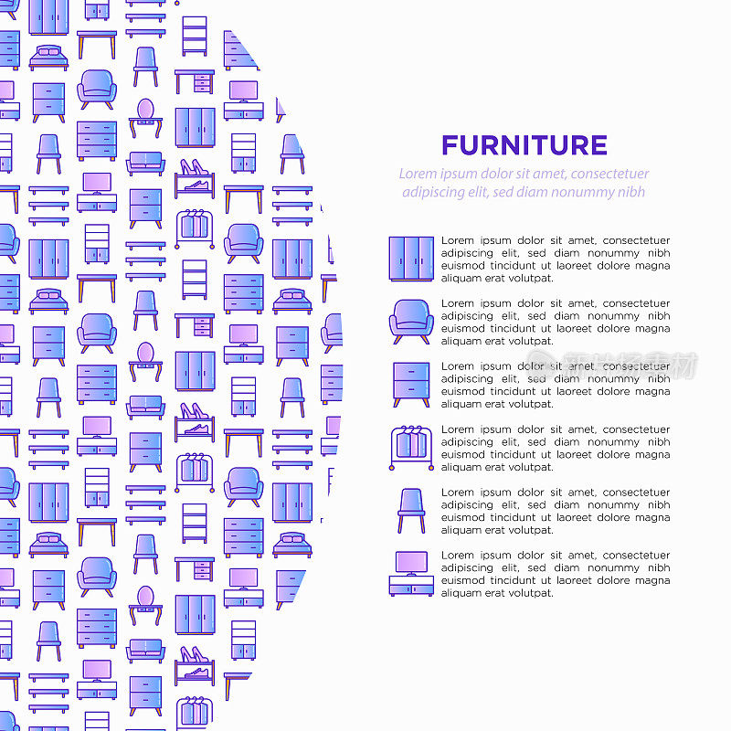 Furniture concept with thin line icons: dressing table, sofa, armchair, wardrobe, chair, table, bookcase, bad, clothes rack, desk. Elements of interior. Vector illustration, print media template.